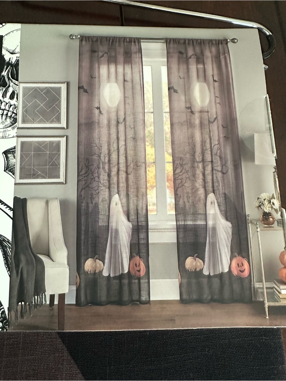 NWT 2 pc Tahari Window Panel Curtains Rod Pocket Halloween Ghost Spooky 37"x 84”